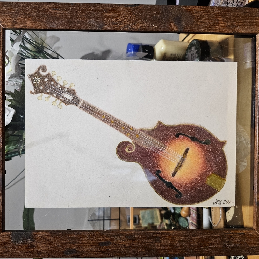 Framed Colored Pencil Mandolin Drawing